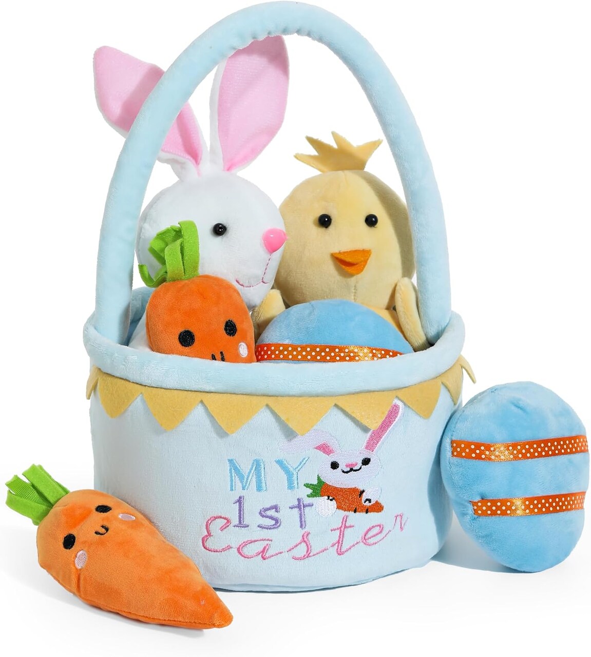 Easter Basket -My First Easter Basket Stuffed Plush Playset Baby's First Easter Basket Stuffed Cartoon Bunny Easter Egg Plush Basket for Kids 5pcs (Blue)